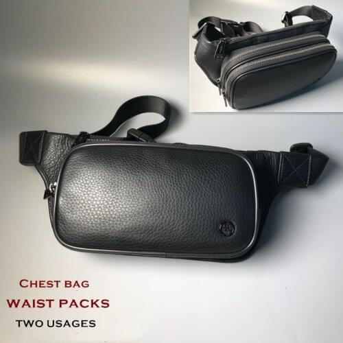 HT Mens leather Two usages 3 Zipper design Waist bag chest bag