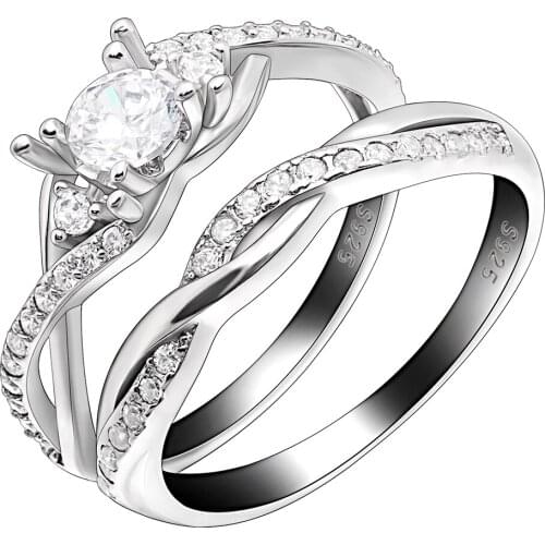 UFOORO S925 Sterling Silver White Clear Zircon Winding Finger Ring Set For Women Wedding Anniversary Ring Love Promise Ring