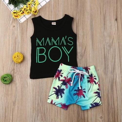 Summer Newborn Infant Baby Boys Sleeveless Letter Printed Vest Tops Floral Printed Shorts Two Piece Sport Beach Outfits Sets#p4