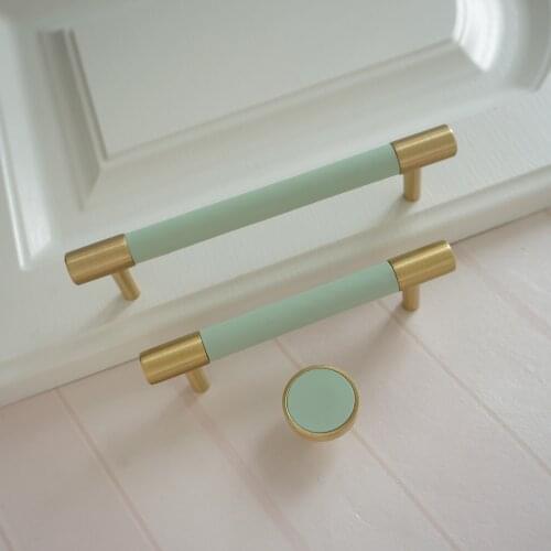 MFYS 3.78" 5" Solid Brass Door Pull Handles Light Green Leather Kitchen Cabinet Pulls Drawer Knobs Simple Furniture Hardware