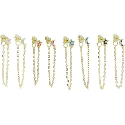 Minimal Delicate Women Girl Jewelry Sparking Cubic Zirconia CZ Colorful Neon Enamel Star Moon Tassel Chain Piercing Earring