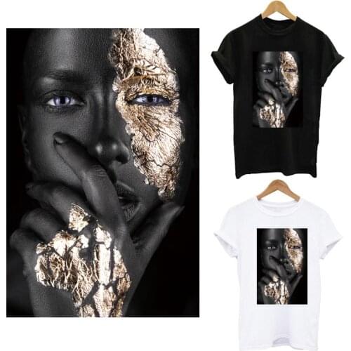 African Women Patches Gold Beauty Iron On Patches For Clothes Women T-shirt Hoodies Thermal Transfer Sticker Clothes Appliqued