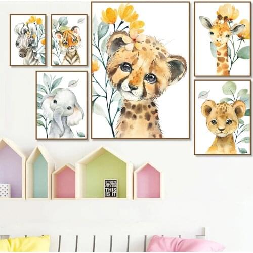 Nursery Wall Art Poster Print Animal Canvas Painting Tiger Lion Elephant Giraffe Flower Leaf Posters Wall Pictures Kids Bedroom