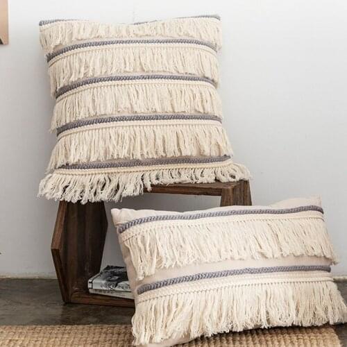 Boho Pillow Case Cushion Cover Fronha Cotton Linen Back Support Pillowcases Decorative Macrame Tassel Home Office Pillows Covers