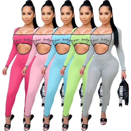 Solid Color Letter Bra Hollow Out Long Sleeve Tight Jumpsuit Summer Womens Jumpsuit Cycling Leisure Exercise Sports Jumpsuit
