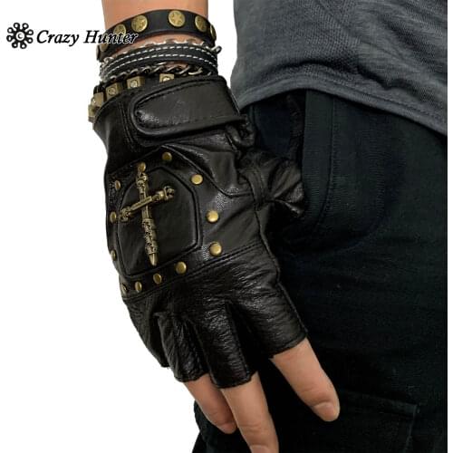 1 Pair Half Finger Real Leather Gloves Studded Men Punk Biker Motorcycle Gloves