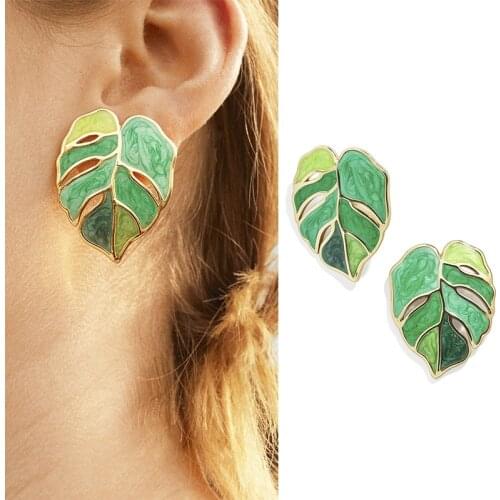 Green Leaves Dangle Earrings Personalized Creative Trendy Style Dripping Oil Plant Earrings For Women Girls Jewelry Gifts