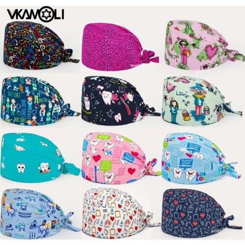 Dentist Scrub Caps Dental Print Scrubs Hat 100% Cotton Women Men Dust Proof Veterinarian Working Hats Tie back Elastic cap