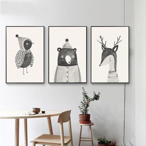 Nordic Simple Animal Print Canvas Painting Cute Bird Elk Bear Wall Art Pictures Living Room Childrens Room Decoration Painting