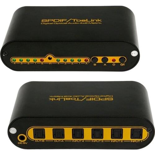 SPDIF TOSLINK Digital Optical Audio True Matrix 4x2 Switcher Switch Splitter 4 In 2 Out Video Converter Remote Control