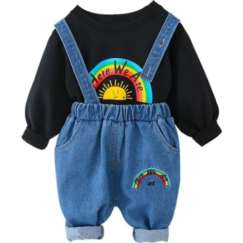 Spring Autumn Children Cotton Clothes Baby Boy Girls Cartoon T-Shirt Bib Jeans 2pcs/Set Toddler Fashion Clothing Kids Tracksuits
