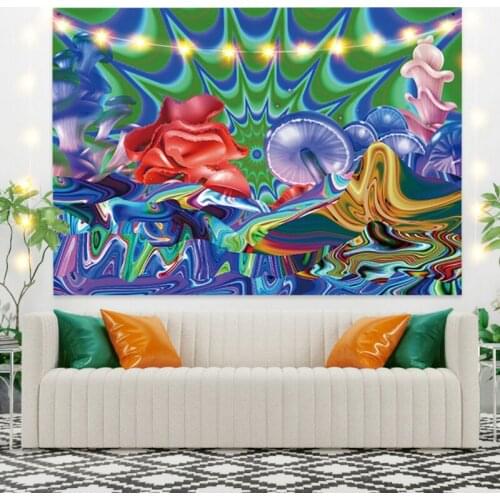 Navy Blue Cartoon Abstract Doodle Tapestry Vintage Exotic Summer Plant Nature Frame for Bedroom Photography Wall Decor