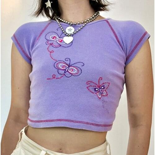 Ladies Summer Round Collar O-Neck T-Shirt Female Butterfly Embroidery Short Sleeve Midriff-Baring Tops Slim Shirt Purple