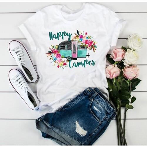 Women Flower Happy Camper Vacay Holiday Fashion Ladies Womens Tops Clothes Graphic Female T-Shirt Tumblr T Shirt T-shirts