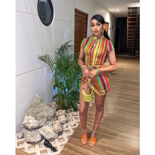 Casual Colorful Striped Print Mini Women Summer Dress 2021 Elegant O Neck Short Sleeve Irregular Bodycon Streetwear Dress Clothe