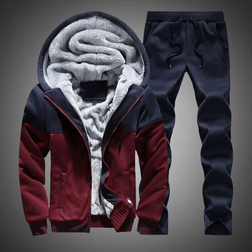 2021 Men Warm Sets Fashion Sporting Thick Suit Patchwork Zipper Hooded Sweatshirt +Sweatpants Mens 2 Pieces Sets Slim Tracksuit