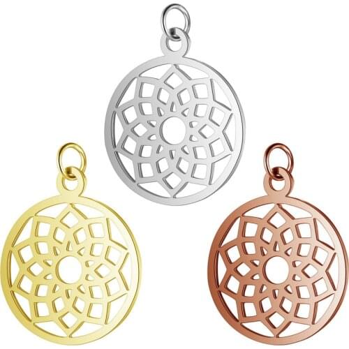5pcs Titanium Stainless Steel Yoga Lotus Chakra Charm Gold Silver Rose Gold Color Round Tag Hollow Lotus Flower Pendant Craft