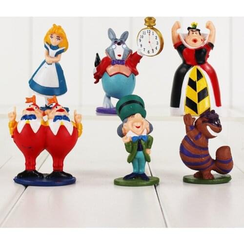 6pcs Alice in the Wonderland Figures Mad Hatter Cheshire Cat White Rabbit Red Queen of Hearts Tweedle Dee Dum Anime Model Toys