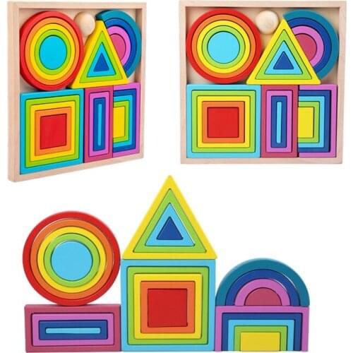 Treeyear Kids Wooden Building Blocks Balance Jenga Game Rainbow Nesting Stacking Toys Montessori Art Geometric Creative