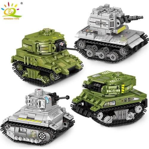 HUIQIBAO Military Caterpillar Track Tanks Panzer Building Blocks Tank Army Soldier Figures City Weapon Bricks Toys For Children