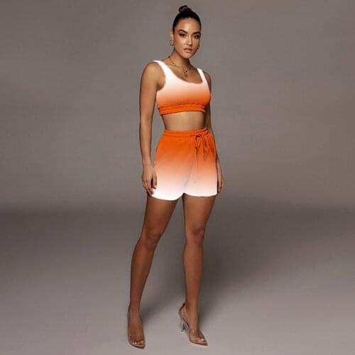Gradient Color Fitness Two 2 Piece Sets Womens Clothing Round Neck Sleeveless Crop Top and Drawstring Biker Short Activewear