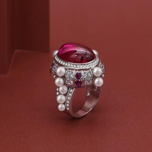 Royal Egg 15ct Ruby Pearl Diamond Ring 100% Real 925 sterling silver Engagement Wedding band Rings for Women Men Fine Jewelry