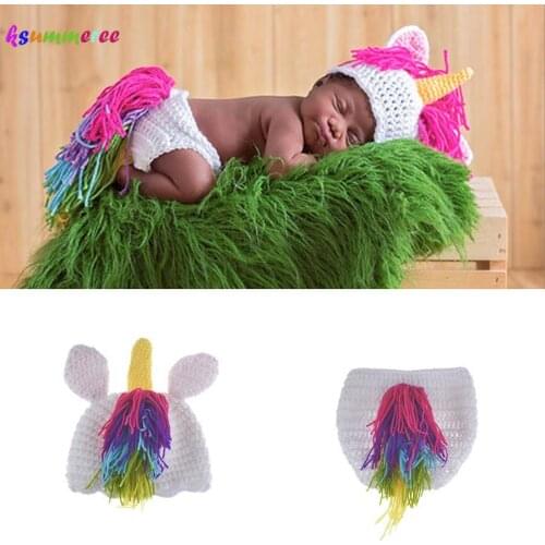 Crochet Unicorn Costume Outfit Newborn Rainbow Unicorn Photography Prop Baby Hat and Diapre Cover Set Infant Shower Gift