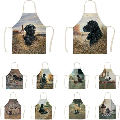 1Pcs Kitchen Apron Sketch black dog Printed Sleeveless Cotton Linen Aprons for Men Women Home Cleaning Tools 55*68cm