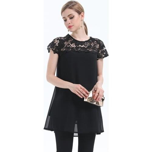 Summer Blouses Lace Hollow Stitching Casual Tops Solid Color Loose Short Sleeve Women Shirts Black TJR3717