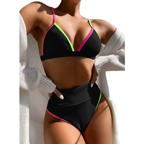 Hot Bikini Ladies Split WomenS Swimsuit Suit Two Piece Sexy High Waist Bikinis Lady Push-Up Solid Set Bather Female Swimwear