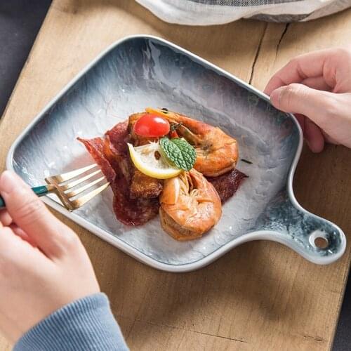 Nordic minimalist ceramic tableware western food plate household breakfast plate handle square creative personality plate baking