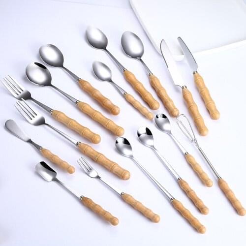 Wooden Handle Flatware Set 304 Stainless Steel Spoon Set Steak Table Knife Fork Spoon Tableware Eco-Friendly Micro spoon set