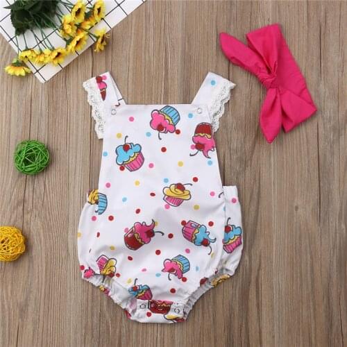 Newborn Baby Girls clothes backless ice cream print square collar sleeveless Bodysuit solid Bow Headband 2pc kids Summer Outfits