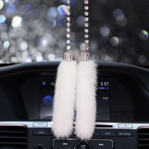 Fashion Car Crystal Diamante Pendant Mink Fur Rearview Mirror Hanging Ornaments Charm Car Interior Decoration Accessories women