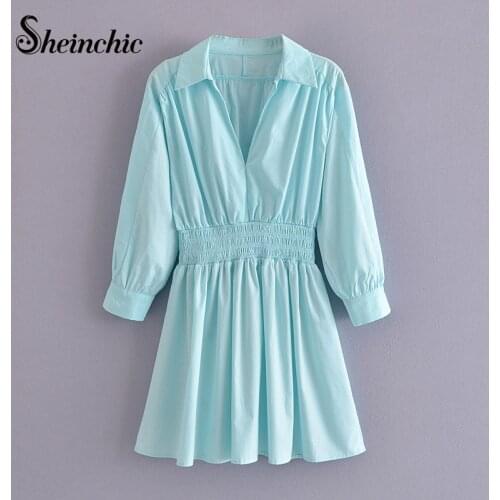Blue Cotton Office Dresses for Ladies 2021 Elegant Turn-down Collar Long Sleeve Mini Dress Women