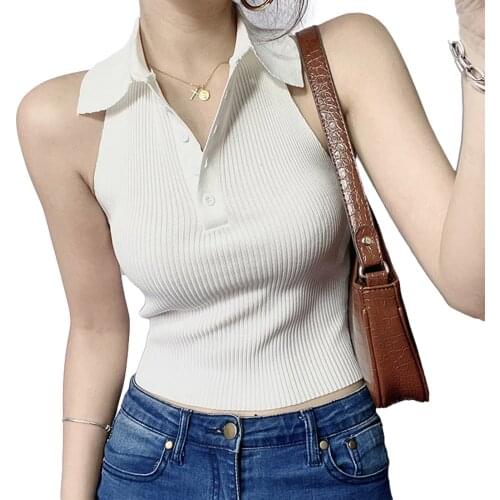 Crop Top Thin Knit Show Thin Halter Lapel Sleeveless Elastic Corset Top New Sexy Summer Women Tank Top