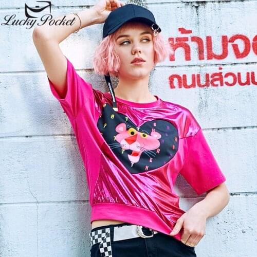 Women Summer New Casual O-Neck Rose Red T-Shirt Female Cartoon Print Bright Side Tops Loose Plus Size Slim Tees Z1049