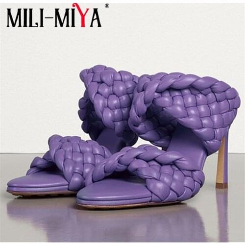 MILI-MIYA Sexy Women Sandals Super High Thin Heels Slip-On Round Toe Weave Microfiber Solid Colors Dress Summer Shoes Plus size