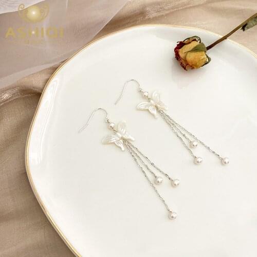 ASHIQI Natural Freshwater Pearl Butterfly Long Earrings 925 Sterling Silver Womens Jewelry Gift