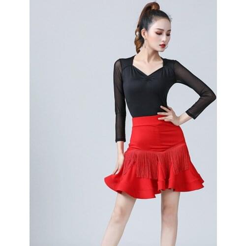 Women Latin Dance Costumes Tops and skirt Long Sleeved Jumpsuits Stage Dance Skirt Ballroom Samba Cha Cha Practice Dancing