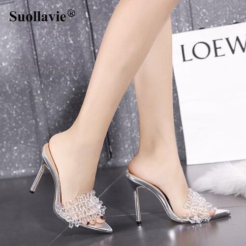 Suollavie New Summer PVC Transparent Crystal Women Slippers Pointed Toe Thin Heels Sexy Slides Ladies Party Shoes Size 35-41