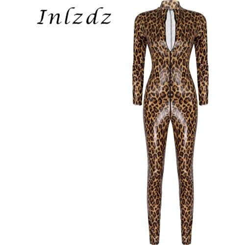 Womens Zipper Catsuit Clubwear Fashion Leopard Print Patent Leather Bodysuit Stand Collar Long Sleeve Leotard Slim Fit Jumpsuit