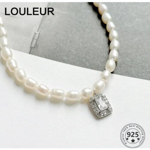 LouLeur New 925 Sterling Silver Necklace Square Zircon Pendant Pearl Chain Necklace For Women Girls Fine Jewelry All-Matched