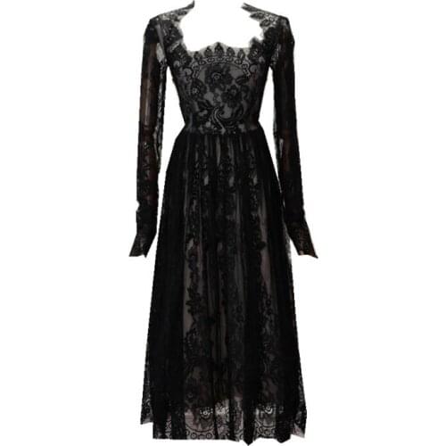 19 summer new product perspective lace stitching large swing mesh eyelash lace side dress femaleT3551