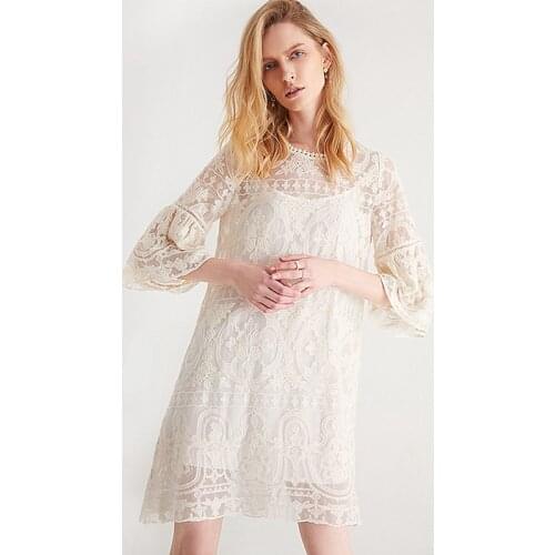 100% Silk Dresses Women Perspective Dress Elegant High Quality O-Neck Flare Sleeve Embroidery Natural Silk Embroidery Dresses