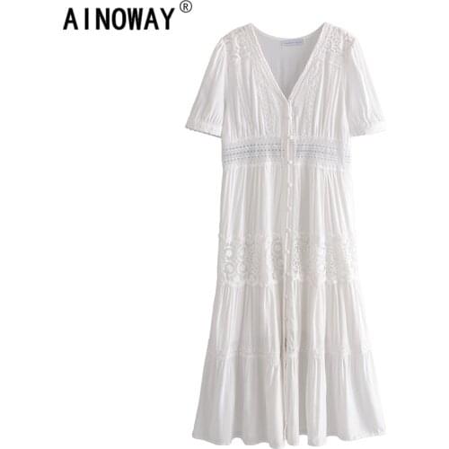 Deep V-neck white embroidery lace Vintage Women short sleeve beach Bohemian dresses Ladies single breasted Boho midi dress