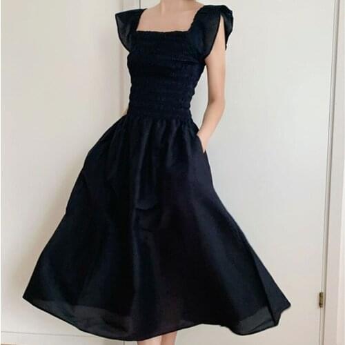 Black Square Collar Vintage Summer Women Off Shoulder Dress Female Fashion Dress High Version Ladies Brand Casual Dresses ML160