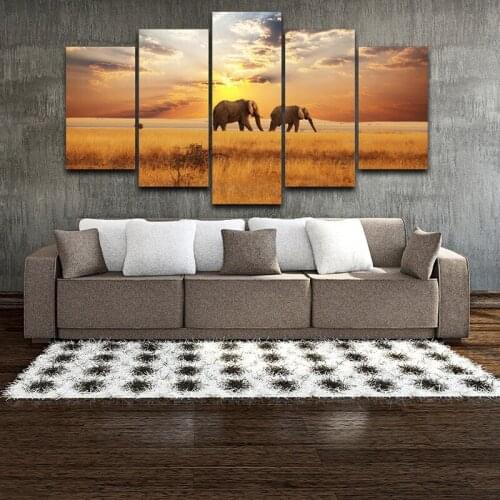 5PCS Modern HD Printing Landscape Painting on The Wall Art African Sunset Elephant Poster Bedroom Home Decoration Without Frame