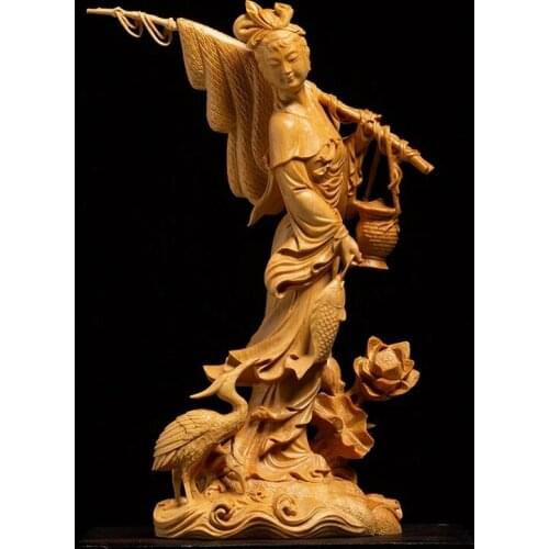 CCZHIDAO Beautiful Women Fishing Chinese Boxwood Wood Carving Character Wood Statue Home Decoration Features Feng Shui Ornaments