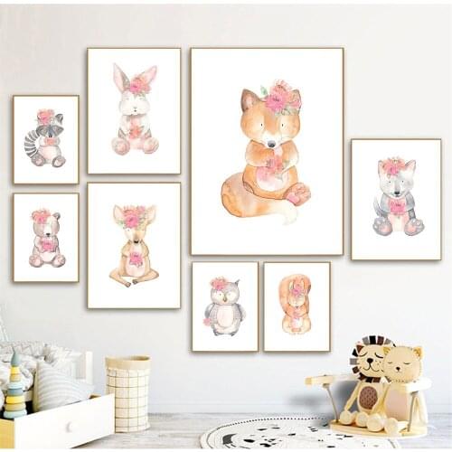 Cartoon Animal Posters Squirrel Deer Bear Wall Art Poster Nursery Bunny Print Nordic Wall Painting Pictures Baby Girl Room Decor